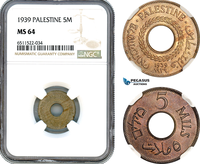 AI089, Palestine, 5 Mils 1939, London Mint, NGC MS64