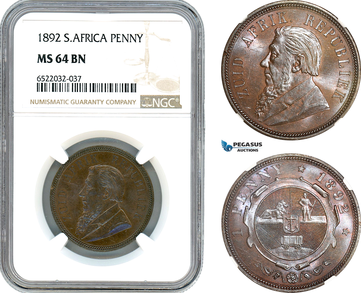 AI122, South Africa (ZAR) 1 Penny 1892, Berlin Mint, NGC MS64BN