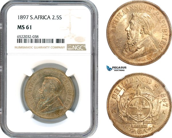 AI123, South Africa (ZAR) 2 1/2 Shillings 1897, Pretoria Mint, Silver, NGC MS61