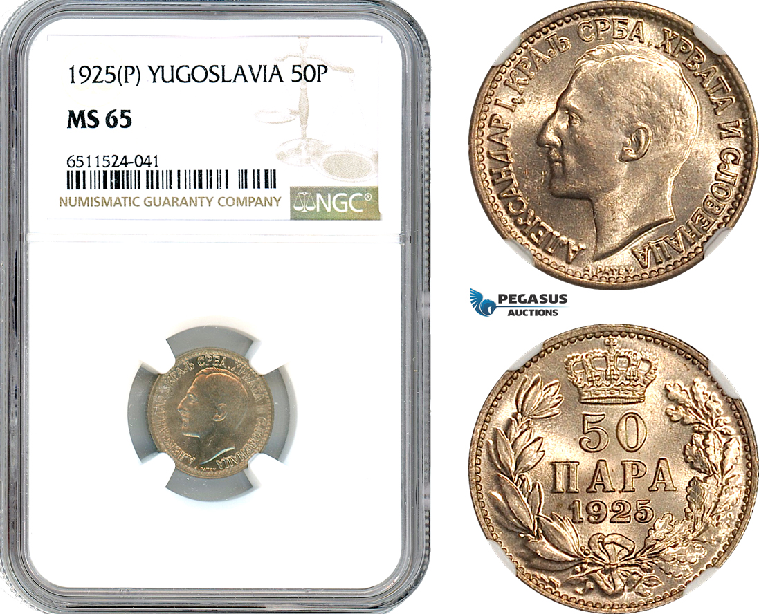 AI128, Yugoslavia, Alexander I, 50 Para 1925 P, Poissy Mint, NGC MS65