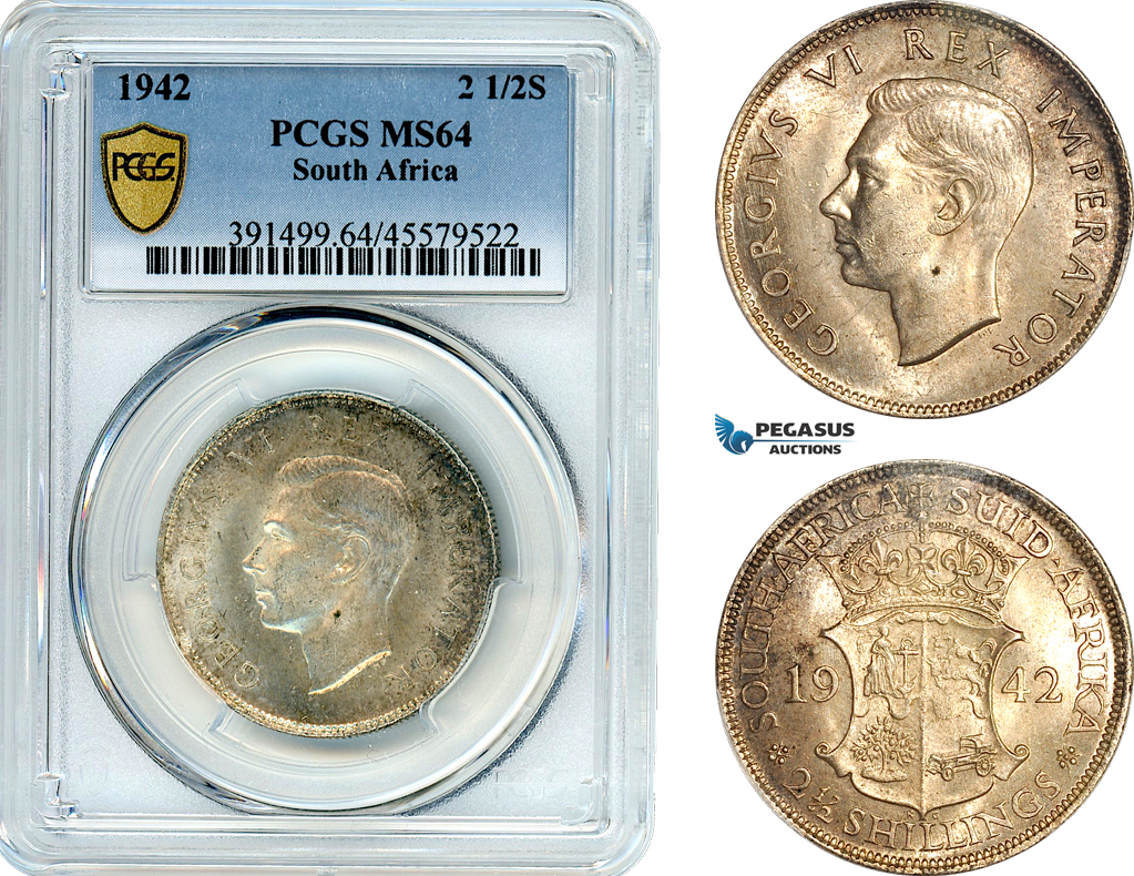 AI153, South Africa, George VI, 2­ 1/2 Shillings 1942, Pretoria Mint, Silver, PCGS MS64