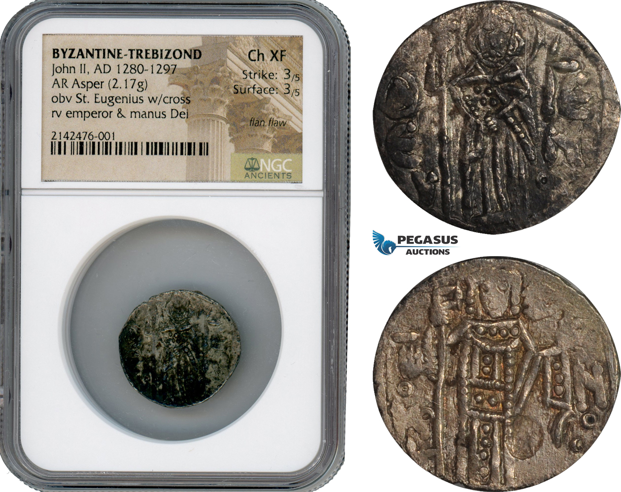 Ai154, Byzantine Empire, John II. of Trebizond (AD 1280-1297) AR Asper (2.17g) Silver, St. Eugenius, NGC Ch XF