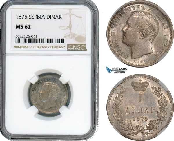 AI175, Serbia, Milan I. Obrenovic, 1 Dinar 1875, Silver, KM# 5, NGC MS62