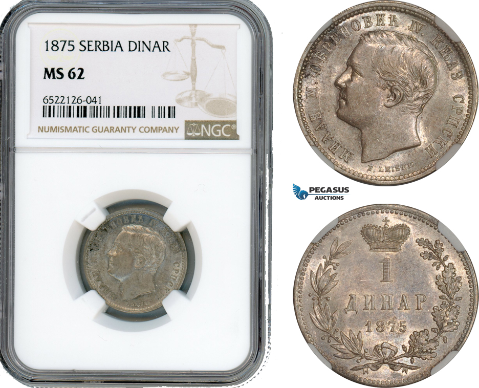 AI175, Serbia, Milan I. Obrenovic, 1 Dinar 1875, Silver, KM# 5, NGC MS62