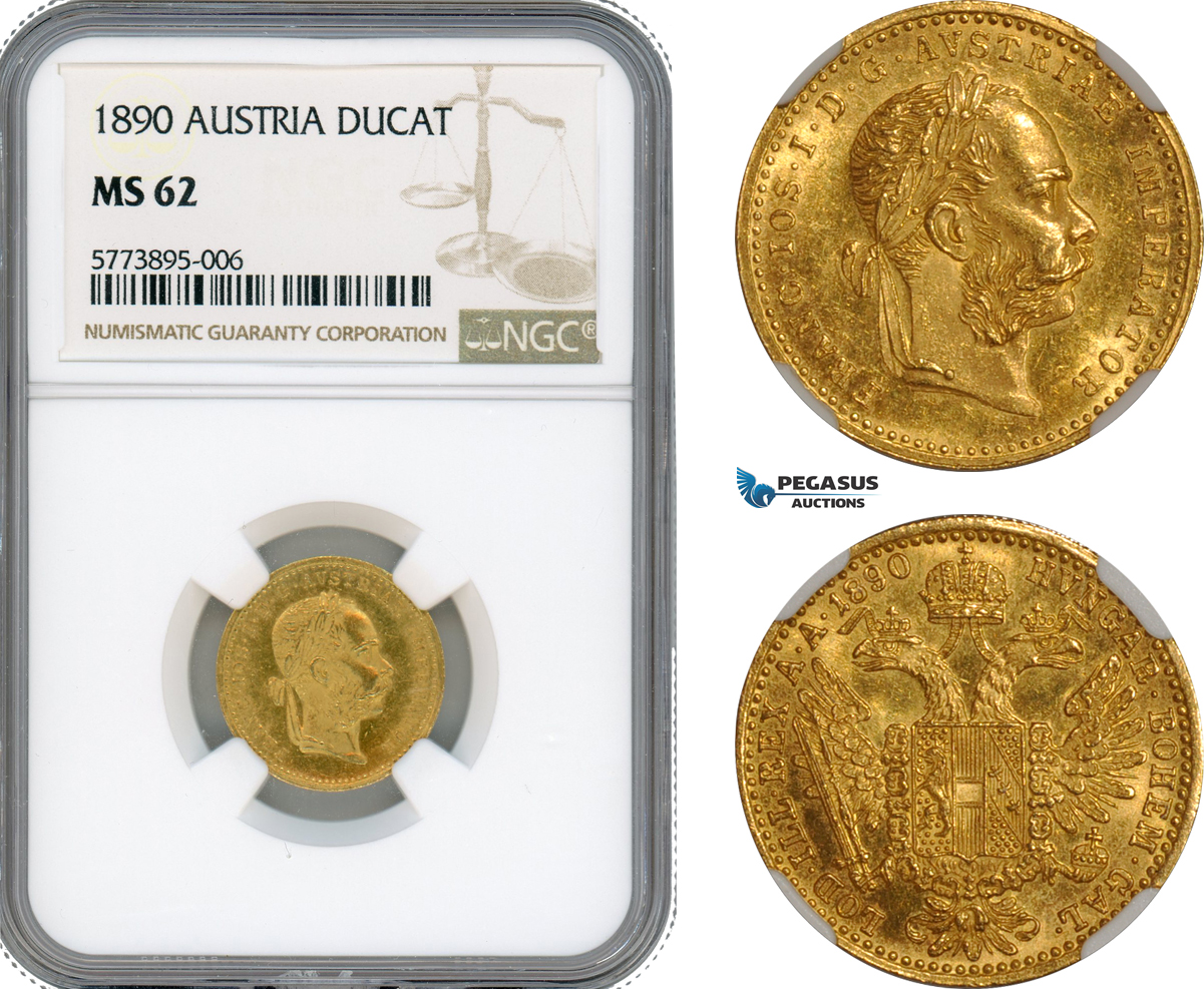 AI180, Austria, Franz Joseph, Ducat 1890, Vienna Mint, Gold, NGC MS62