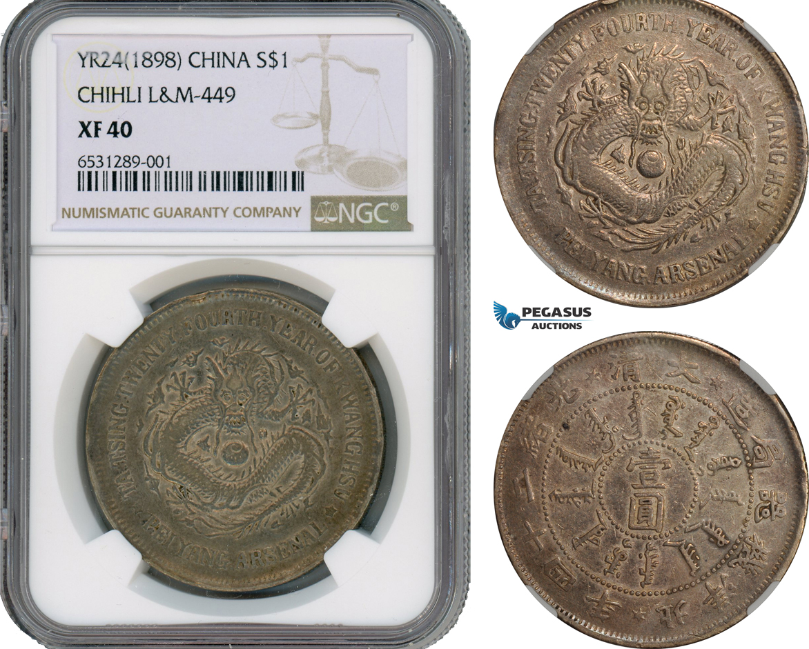 AI187, China, Chihli, Dollar Yr. 24, (1898) Tientsin Mint, Silver, L&M 449, NGC XF40, Rare!