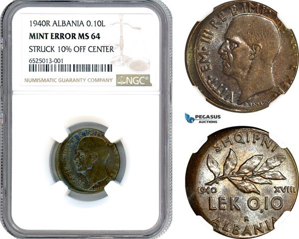 AI202, Albania, Vittorio Emanuele III, 0,10 Lek 1940 R, Rome Mint, NGC MS64, Mint Error Struck 10% Off Center