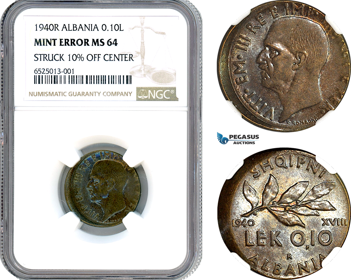 AI202, Albania, Vittorio Emanuele III, 0,10 Lek 1940 R, Rome Mint, NGC MS64, Mint Error Struck 10% Off Center