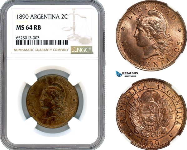 AI203, Argentina, 2 Centavos 1890, NGC MS64RB