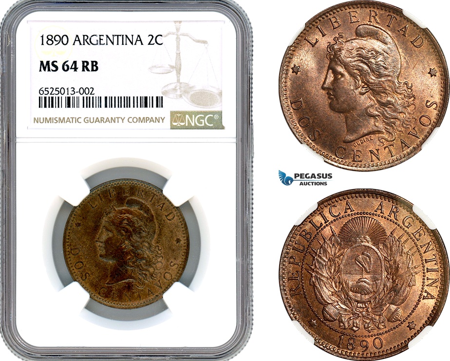 AI203, Argentina, 2 Centavos 1890, NGC MS64RB