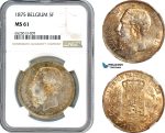 AI208, Belgium, Leopold II, 5 Francs 1875, Brussels Mint, Silver, NGC MS61