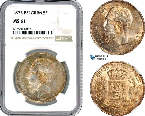 AI208, Belgium, Leopold II, 5 Francs 1875, Brussels Mint, Silver, NGC MS61
