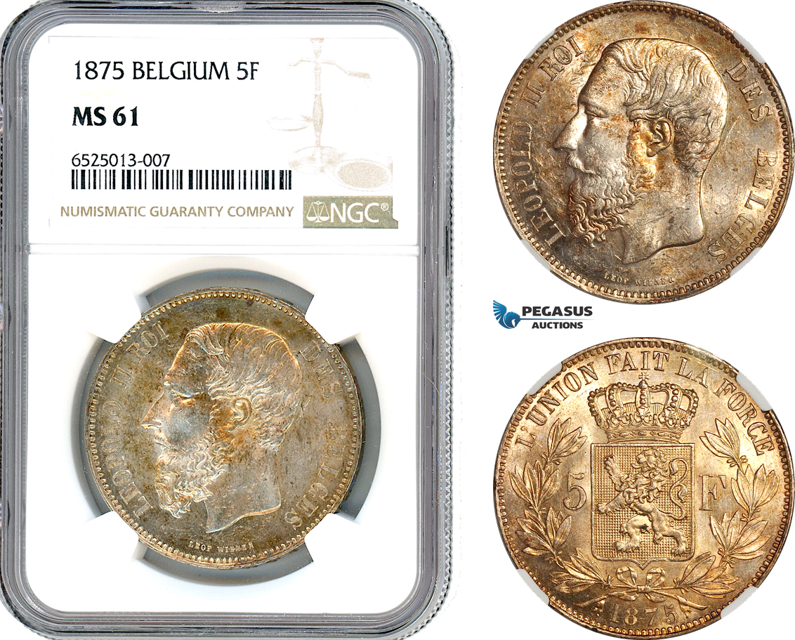 AI208, Belgium, Leopold II, 5 Francs 1875, Brussels Mint, Silver, NGC MS61