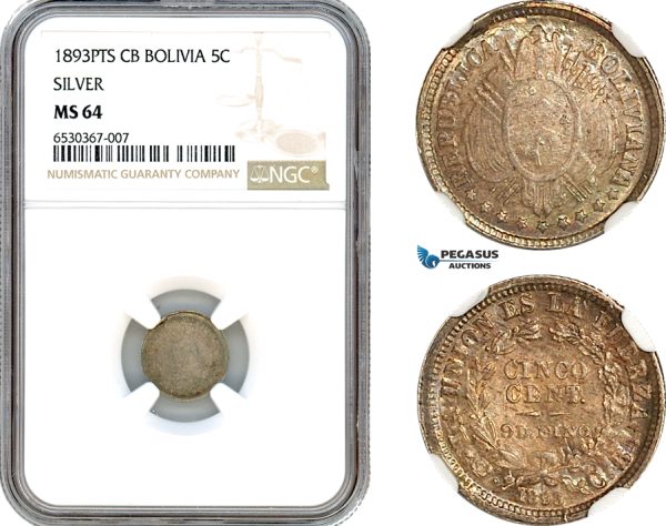 AI209, Bolivia, 5 Centavos 1893 PTS CB, Potosi Mint, Silver, NGC MS64