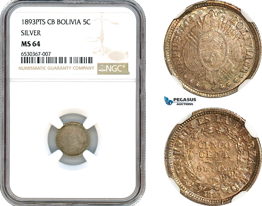 AI209, Bolivia, 5 Centavos 1893 PTS CB, Potosi Mint, Silver, NGC MS64