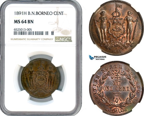 AI211, British North Borneo, 1 Cent 1891 H, Heaton Mint, NGC MS64BN