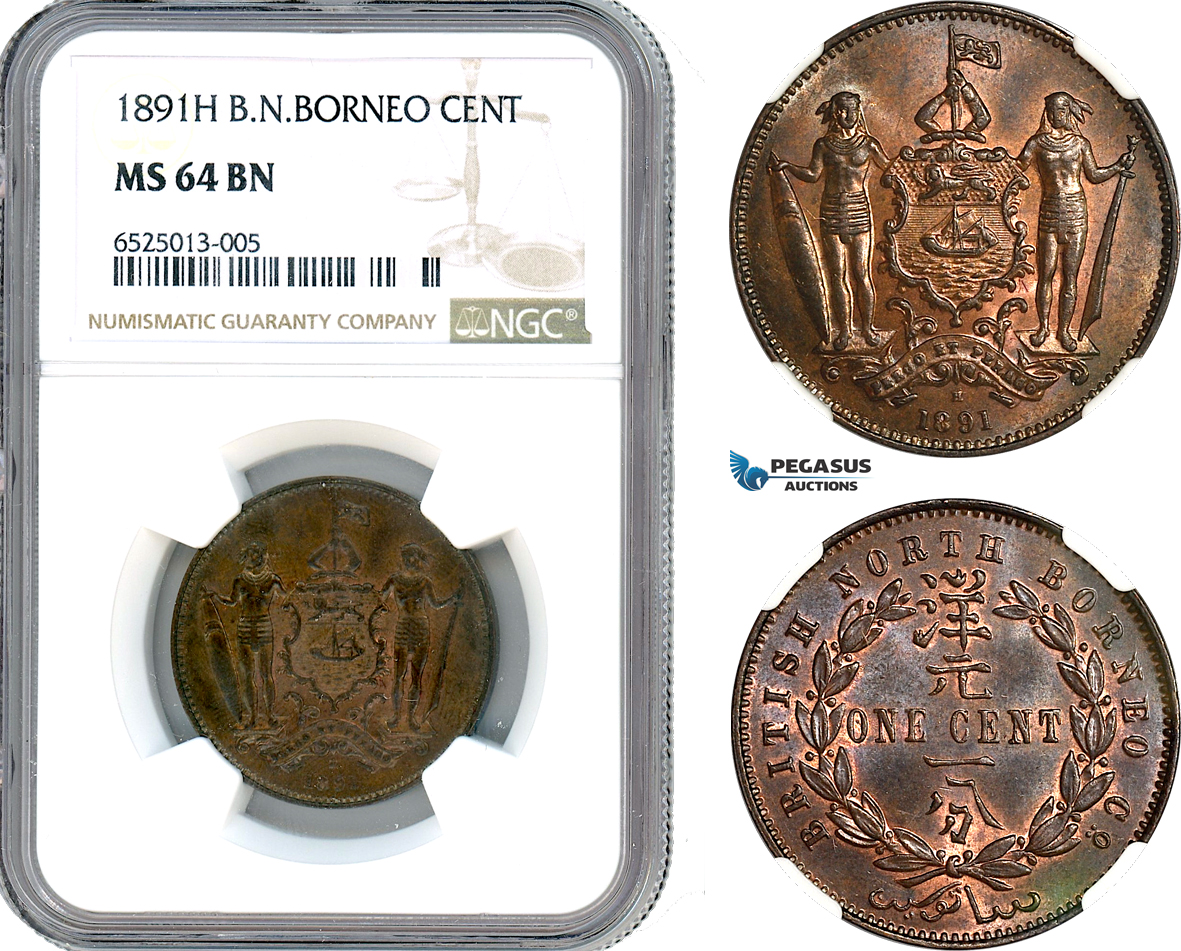 AI211, British North Borneo, 1 Cent 1891 H, Heaton Mint, NGC MS64BN