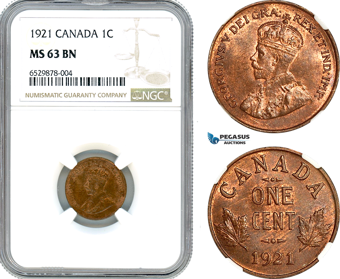 AI218, Canada, George V, 1 Cent 1921, Ottawa Mint, NGC MS63BN