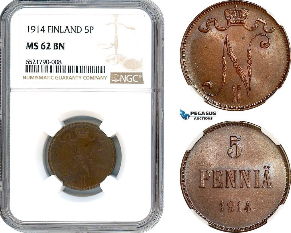 AI233, Finland, Nicholas II. of Russia, 5 Penniä 1914, Helsinki Mint, NGC MS62BN