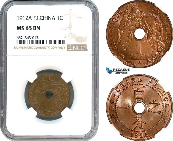 AI240, French Indo-China, 1 Centime 1912 A, Paris Mint, NGC MS65BN
