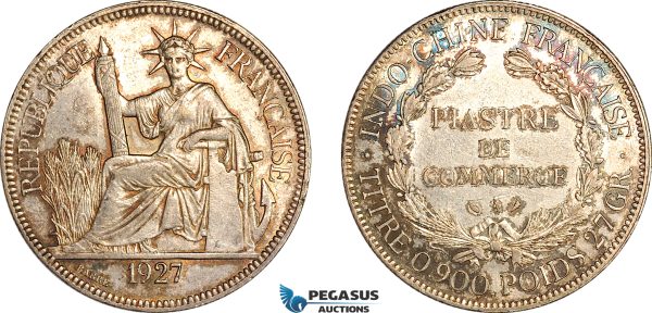 AI242, French Indo-China, Piastre 1927 A, Paris Mint, Silver, Toned EF