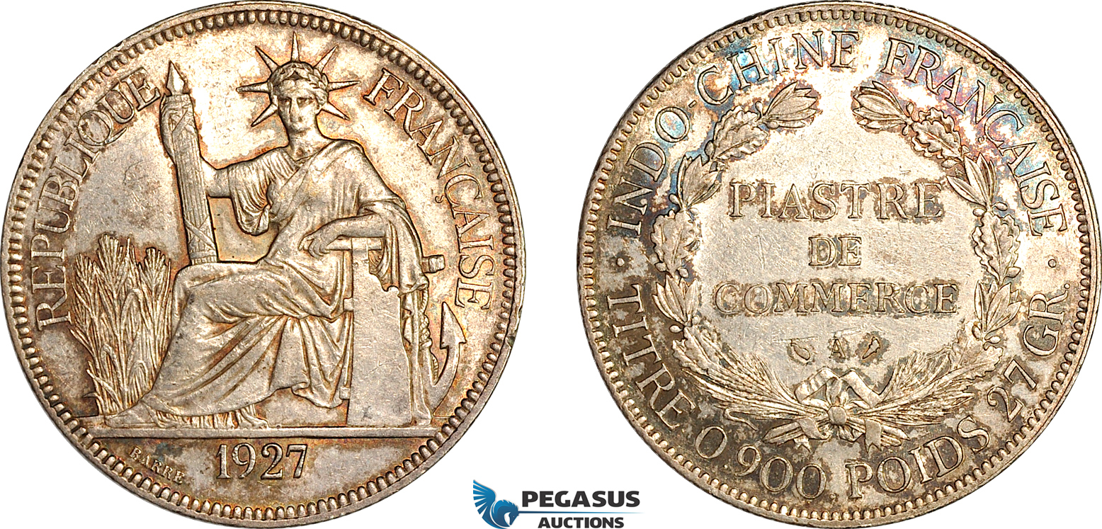 AI242, French Indo-China, Piastre 1927 A, Paris Mint, Silver, Toned EF
