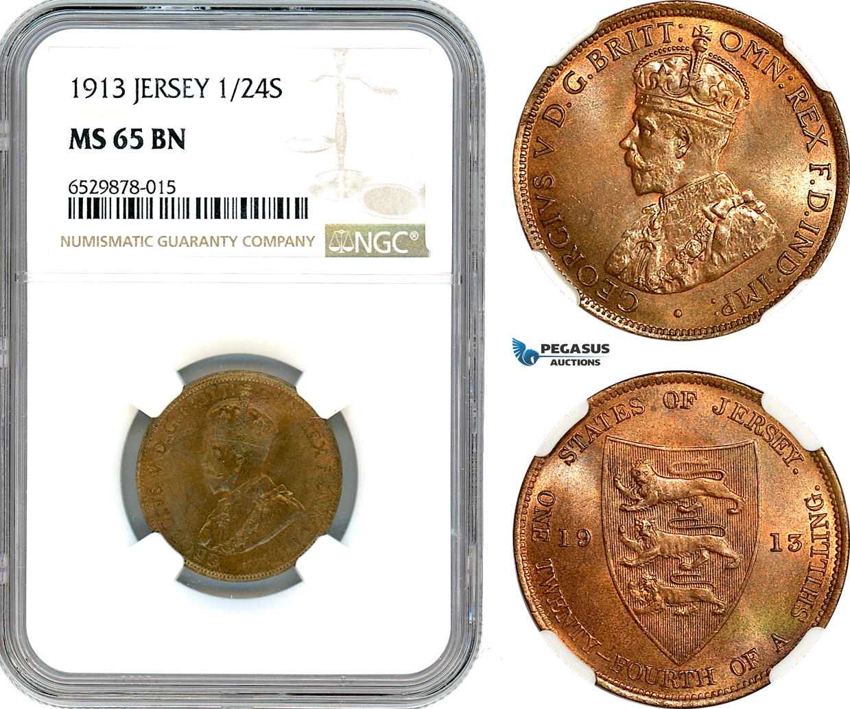 AI262, Great Britain, Jersey, George V, 1/24 Shilling 1913, London Mint, NGC MS65BN, Top Pop!