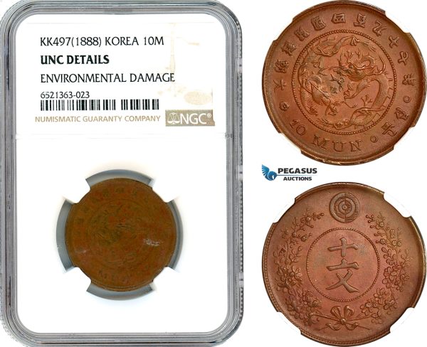 AI263, Korea, Yi Hyong, 10 Mun KK497 (1888) NGC UNC Det.