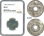 AI264, Lebanon, 1 Piastre 1940, Paris Mint, NGC MS63