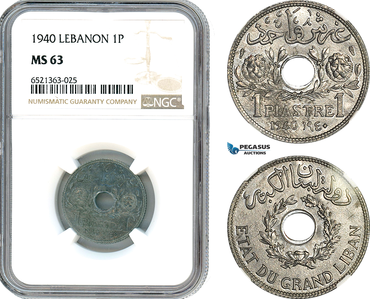 AI264, Lebanon, 1 Piastre 1940, Paris Mint, NGC MS63