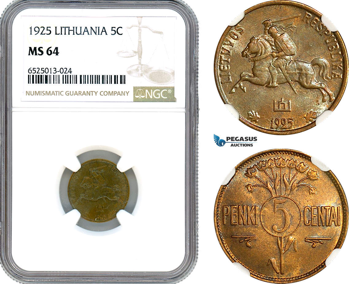AI265, Lithuania, 5 Centai 1925, NGC MS64