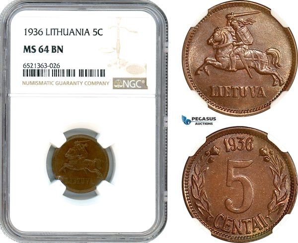 AI266, Lithuania, 5 Centai 1936, NGC MS64BN