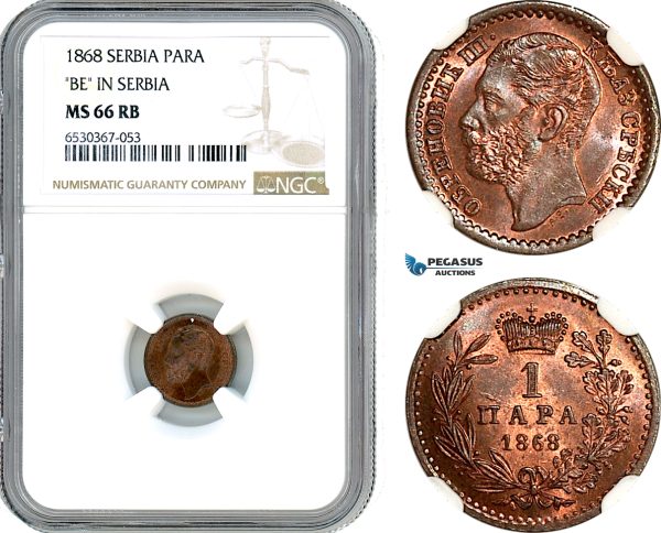 AI293, Serbia, M. Obrenovic III, 1 Para 1868, "BE in Serbia" NGC MS66RB