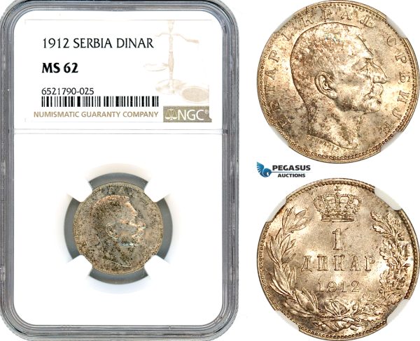 AI294, Serbia, Petar I, 1 Dinar 1912, Silver, NGC MS62