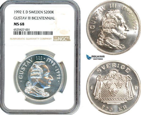 AI301, Sweden, Carl XVI Gustaf, 200 Kronor 1992, Death of Gustav III, Silver, NGC MS68