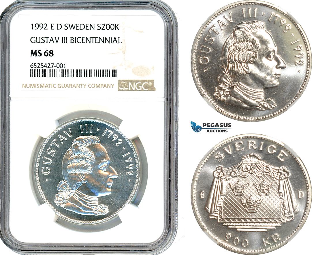 AI301, Sweden, Carl XVI Gustaf, 200 Kronor 1992, Death of Gustav III, Silver, NGC MS68