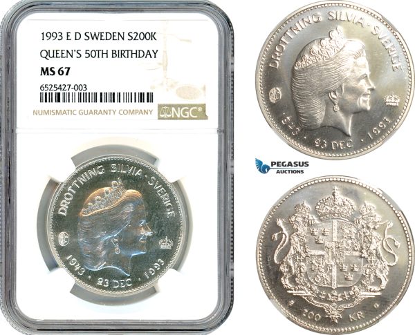 AI303, Sweden, Carl XVI Gustaf, 200 Kronor 1993 ED, Queen Silvia 50th Birthday, Silver, NGC MS67