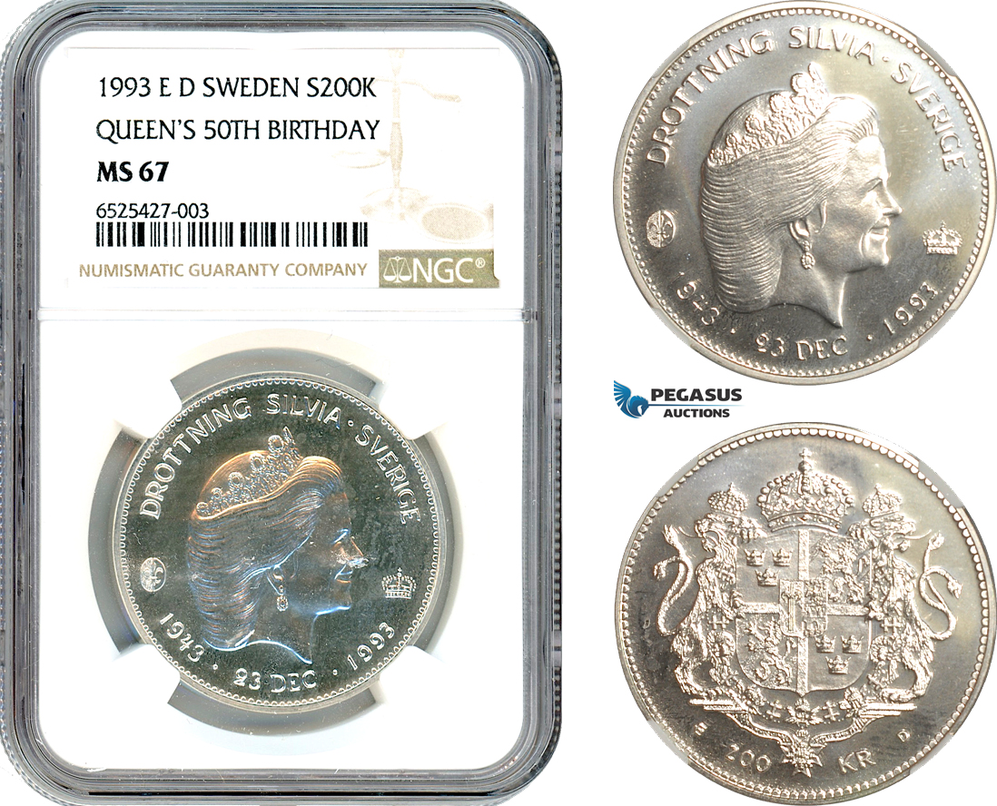 AI303, Sweden, Carl XVI Gustaf, 200 Kronor 1993 ED, Queen Silvia 50th Birthday, Silver, NGC MS67