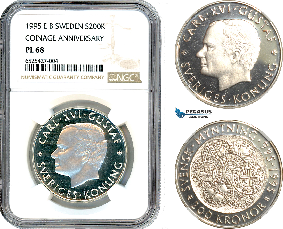 AI304, Sweden, Carl XVI Gustaf, 200 Kronor 1995 EB, Coinage Anniversary, Silver, NGC PL68