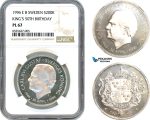 AI305, Sweden, Carl XVI Gustaf, 200 Kronor 1996 EB, King's 50th Birthday, Silver, NGC PL67