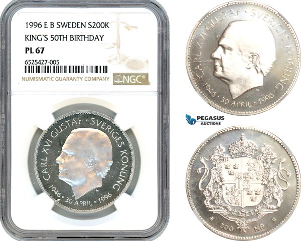 AI305, Sweden, Carl XVI Gustaf, 200 Kronor 1996 EB, King's 50th Birthday, Silver, NGC PL67