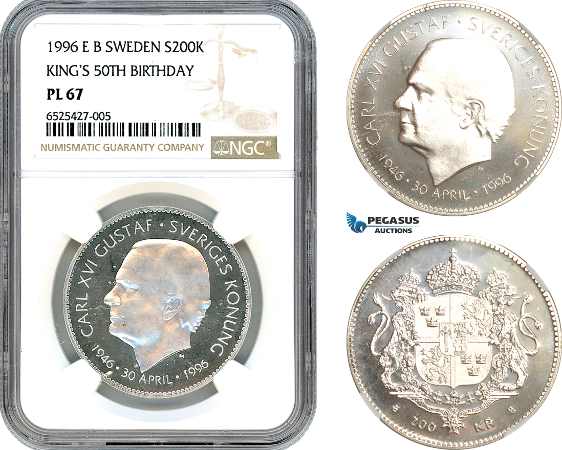 AI305, Sweden, Carl XVI Gustaf, 200 Kronor 1996 EB, King's 50th Birthday, Silver, NGC PL67