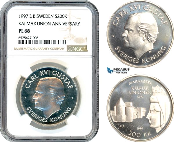 AI306, Sweden, Carl XVI Gustaf, 200 Kronor 1997 EB, Kalmar Union Anniversary, Silver, NGC PL68