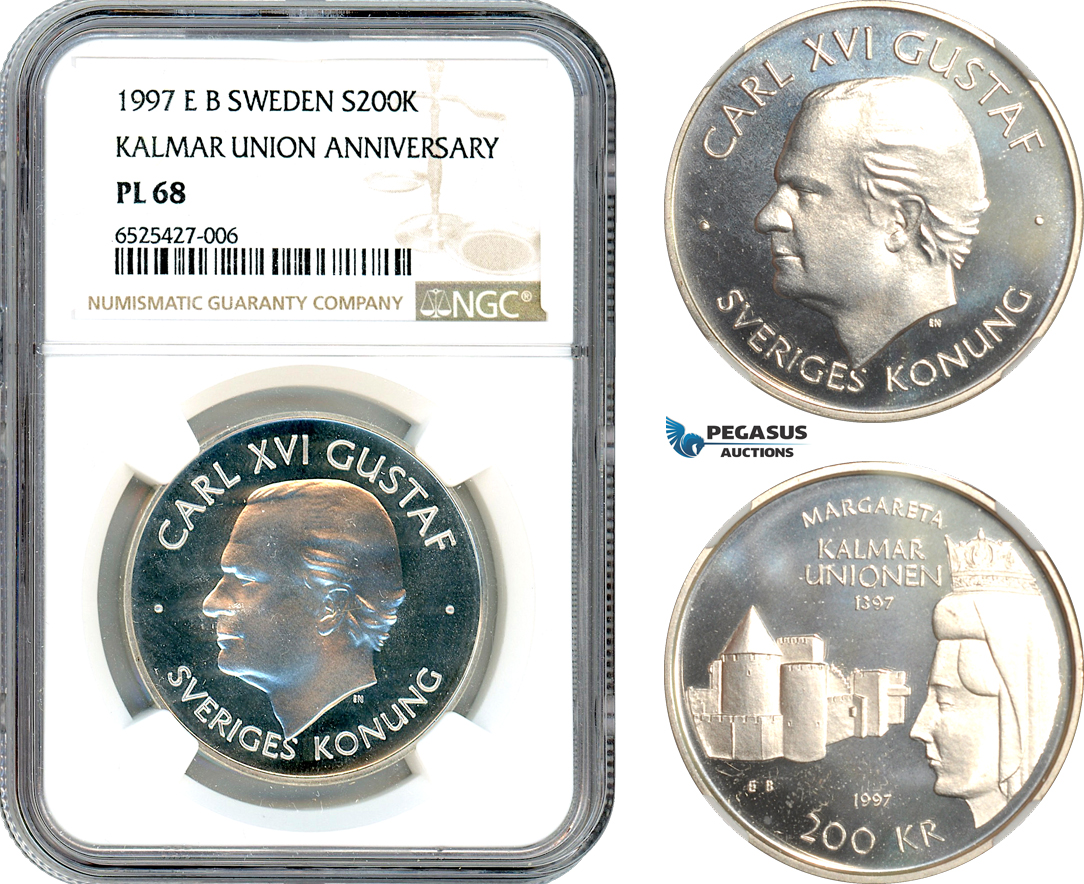 AI306, Sweden, Carl XVI Gustaf, 200 Kronor 1997 EB, Kalmar Union Anniversary, Silver, NGC PL68