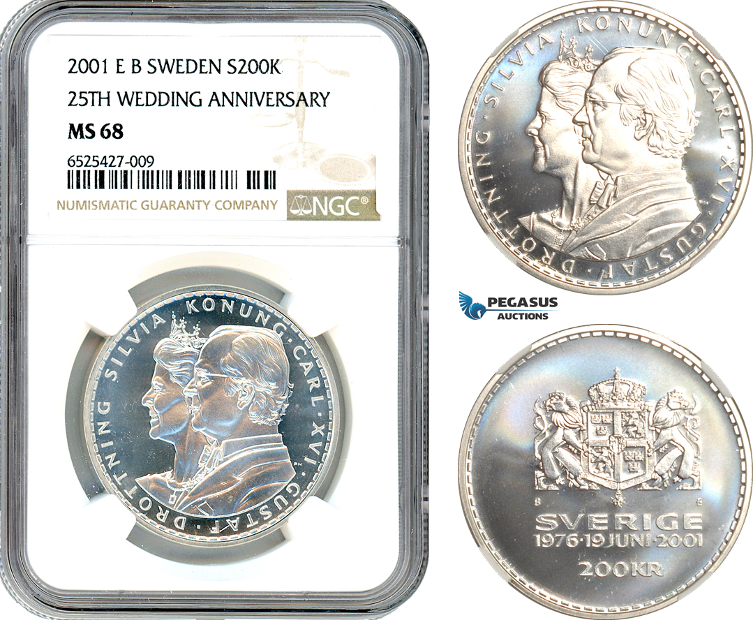 AI309, Sweden, Carl XVI Gustaf, 200 Kronor 2001 EB, 25th Royal Silver Wedding Anniversary, Silver, NGC MS68