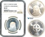 AI310, Sweden, Carl XVI Gustaf, 200 Kronor 2003 EH, Saint Birgitta Anniversary, Silver, NGC MS69