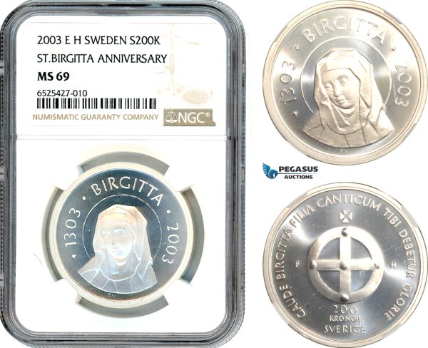 AI310, Sweden, Carl XVI Gustaf, 200 Kronor 2003 EH, Saint Birgitta Anniversary, Silver, NGC MS69