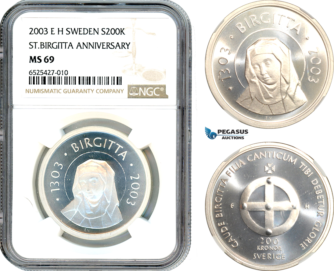 AI310, Sweden, Carl XVI Gustaf, 200 Kronor 2003 EH, Saint Birgitta Anniversary, Silver, NGC MS69