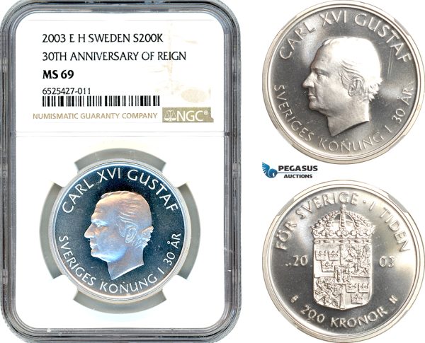 AI311, Sweden, Carl XVI Gustaf, 200 Kronor 2003 EH, 30th Anniversary of Reign, Silver, NGC MS69