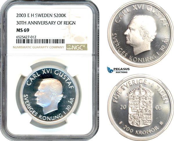 AI312, Sweden, Carl XVI Gustaf, 200 Kronor 2003 EH, 30th Anniversary of Reign, Silver, NGC MS69